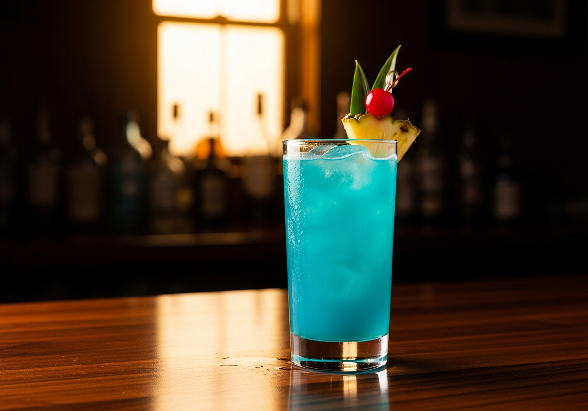Blue Hawaiian Recipe cocktail in glass with garnish