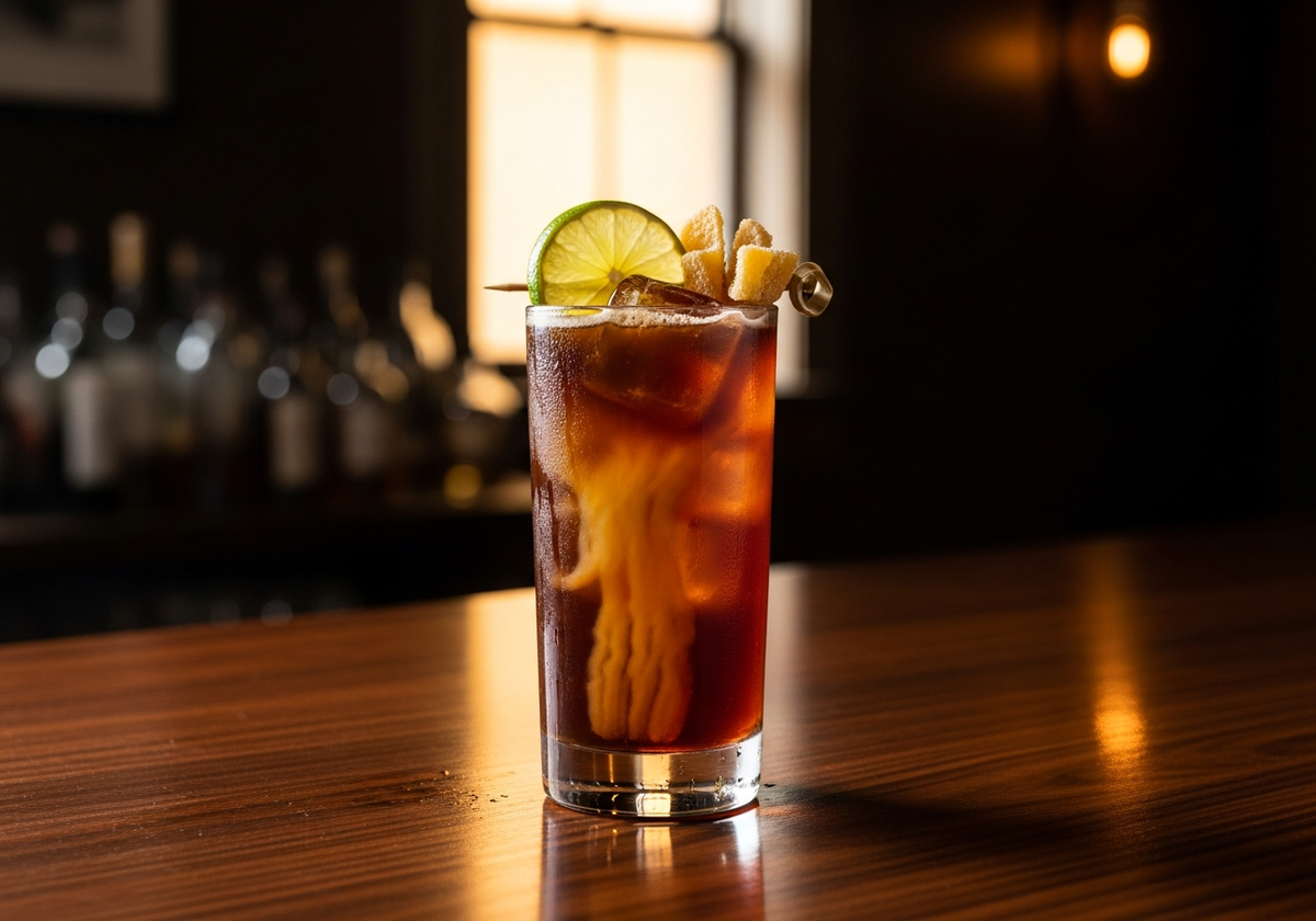 Dark and Stormy Recipe cocktail in glass with garnish