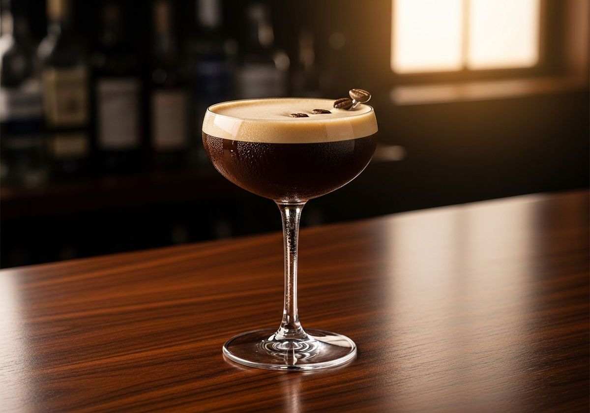 Espresso Martini Recipe cocktail in glass with garnish