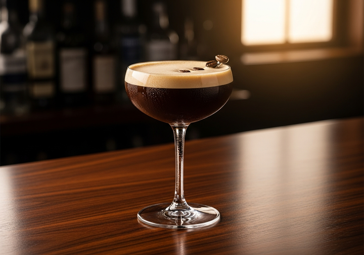Espresso Martini Recipe cocktail in glass with garnish