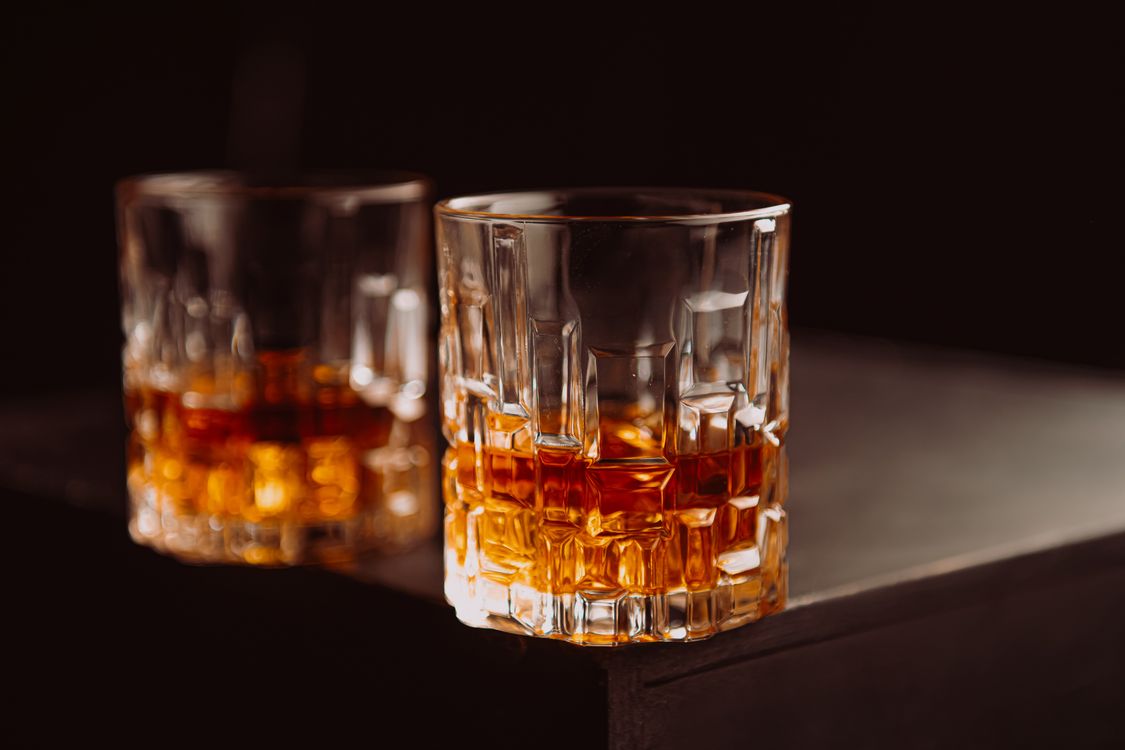 Close-up of rye whiskey in crystal cut glasses