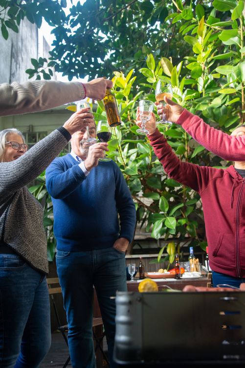 Group of friends clinking glasses at an outdoor Memorial Day summer party