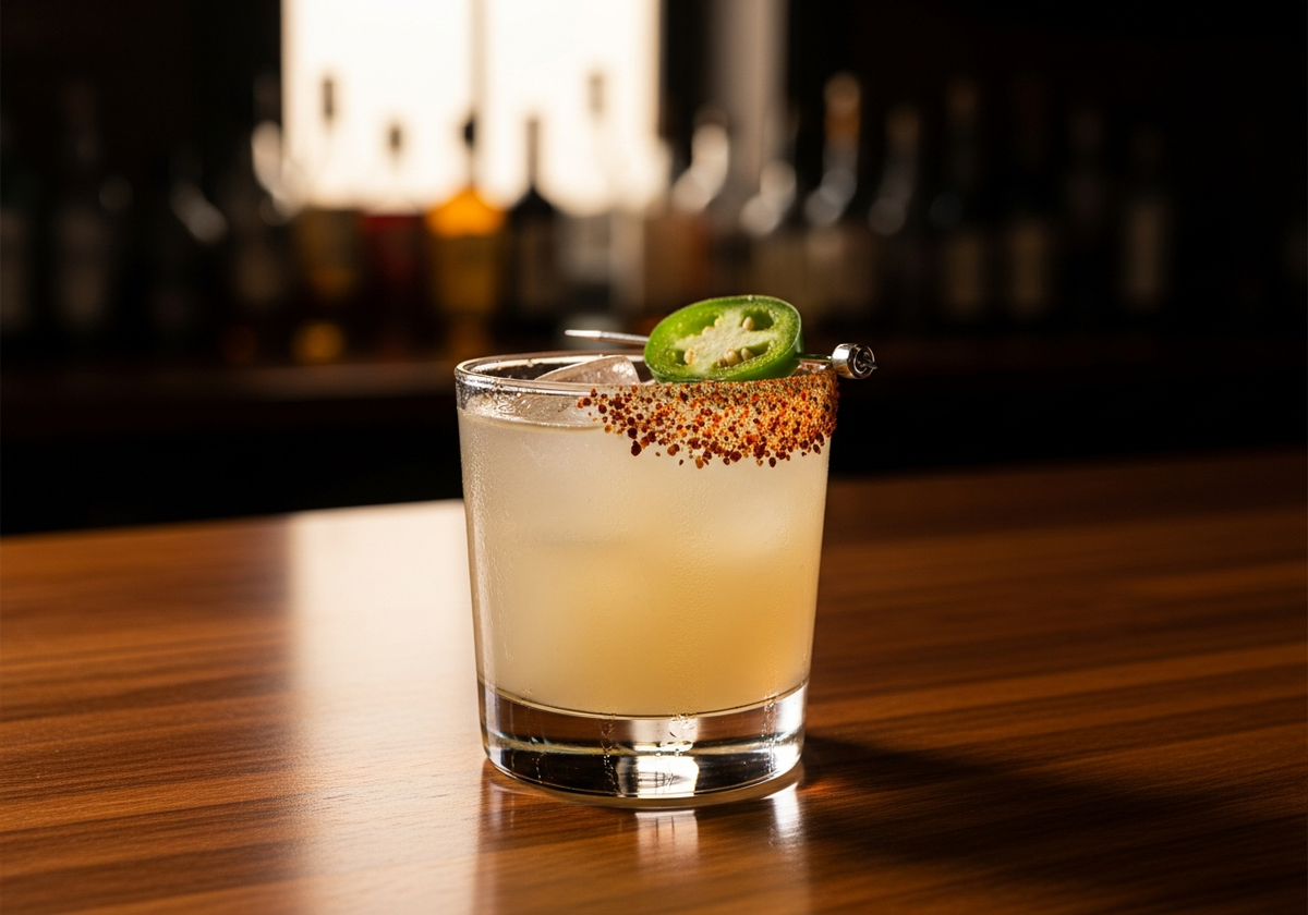 Spicy Margarita Recipe cocktail in glass with garnish