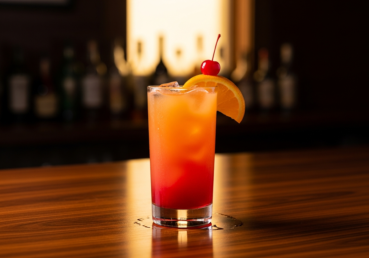 Tequila Sunrise Recipe cocktail in glass with garnish