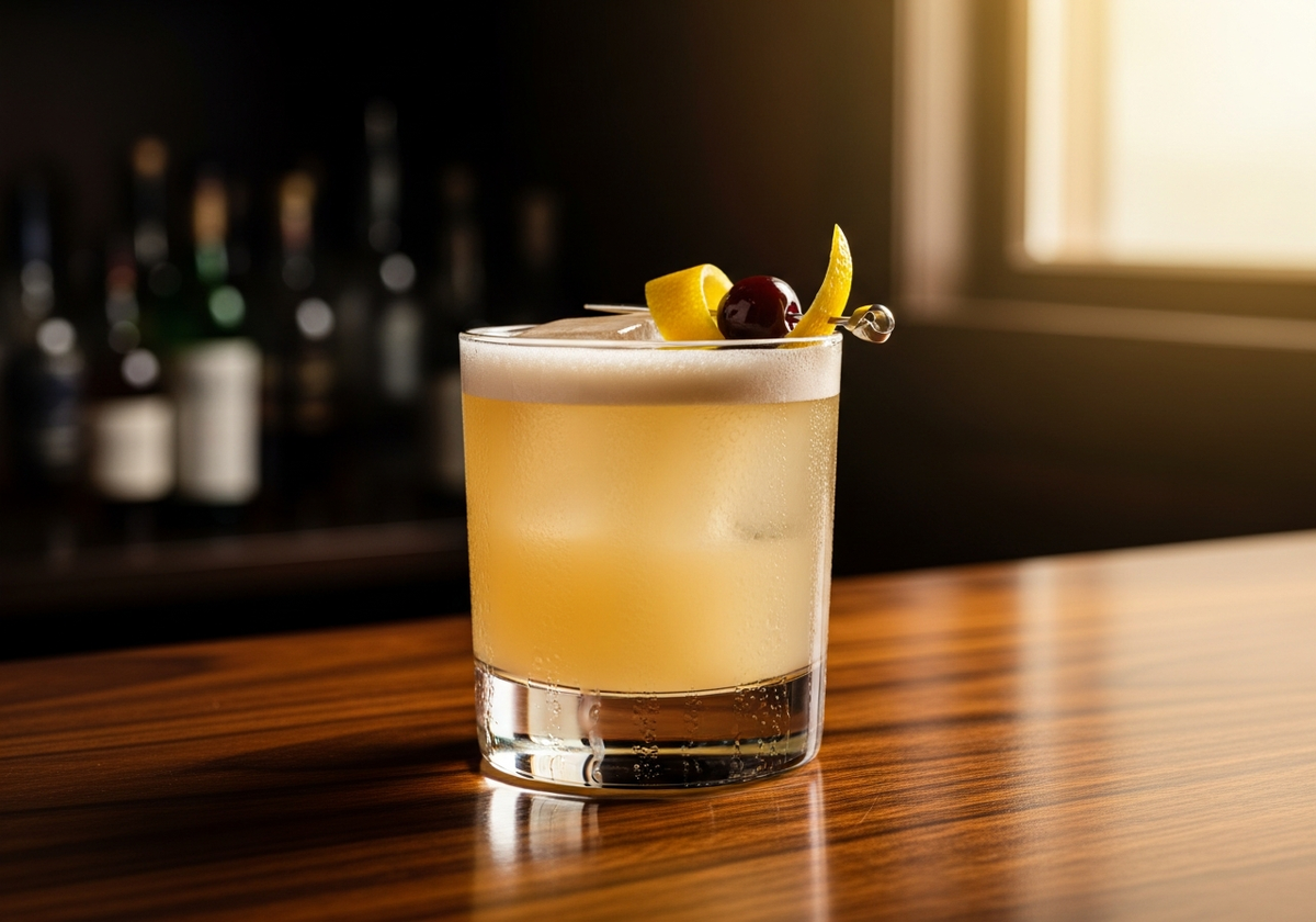 Whiskey Sour Recipe cocktail in glass with garnish